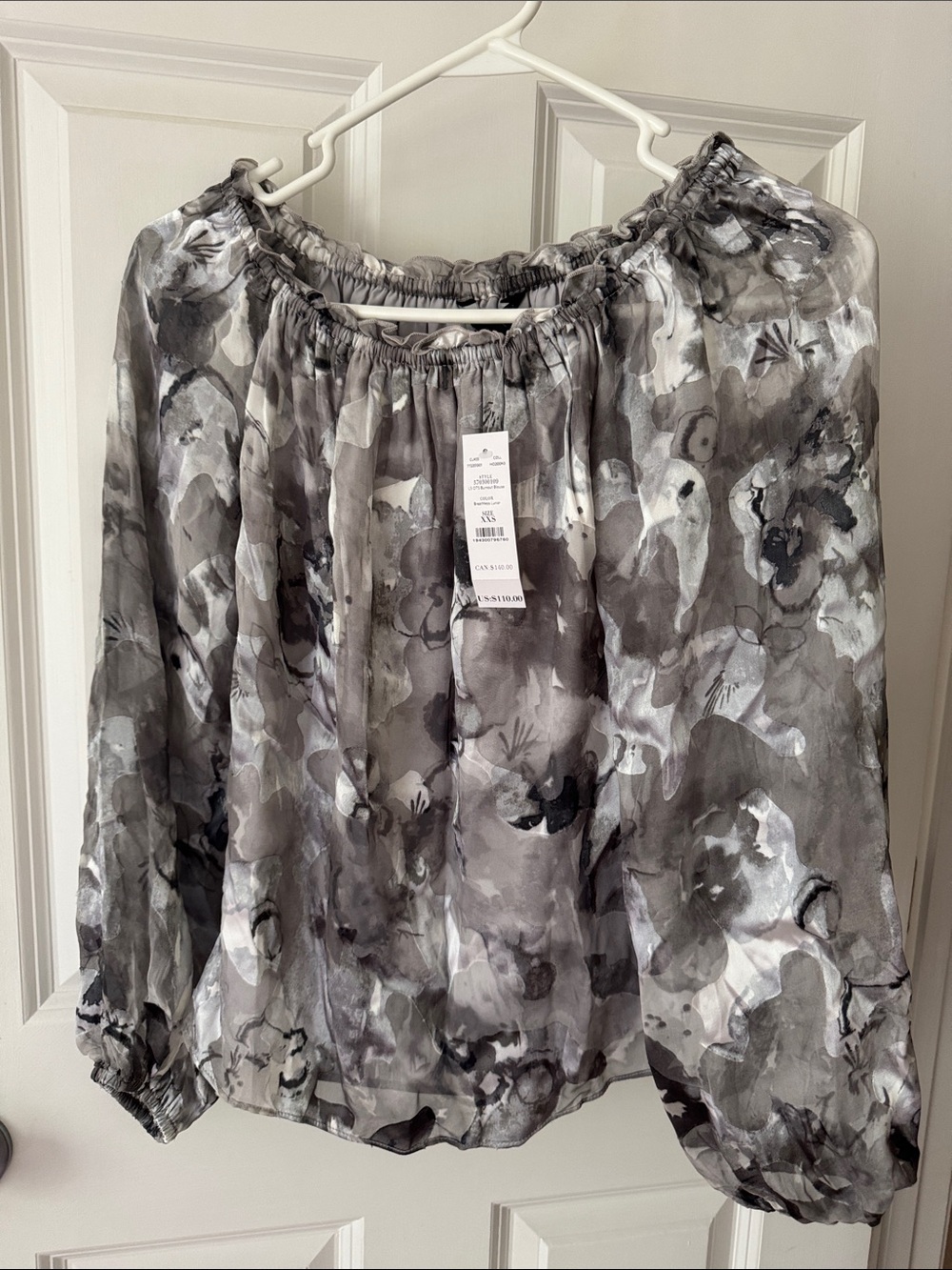 White House Black Market Gray Floral Off-Shoulder Blouse